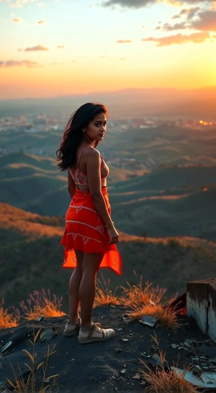 The woman gazes thoughtfully at the horizon as the sun sets, casting warm colors over the valley below.