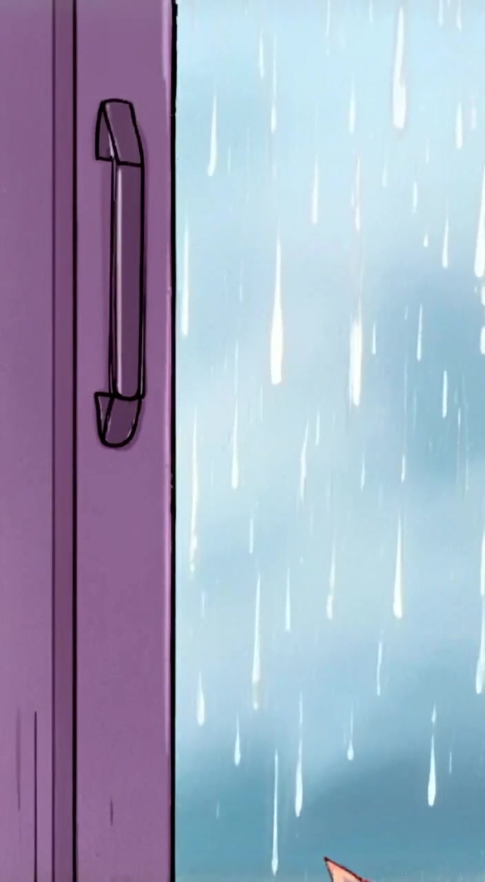 The woman gazes out the window, raindrops gently sliding down the glass.