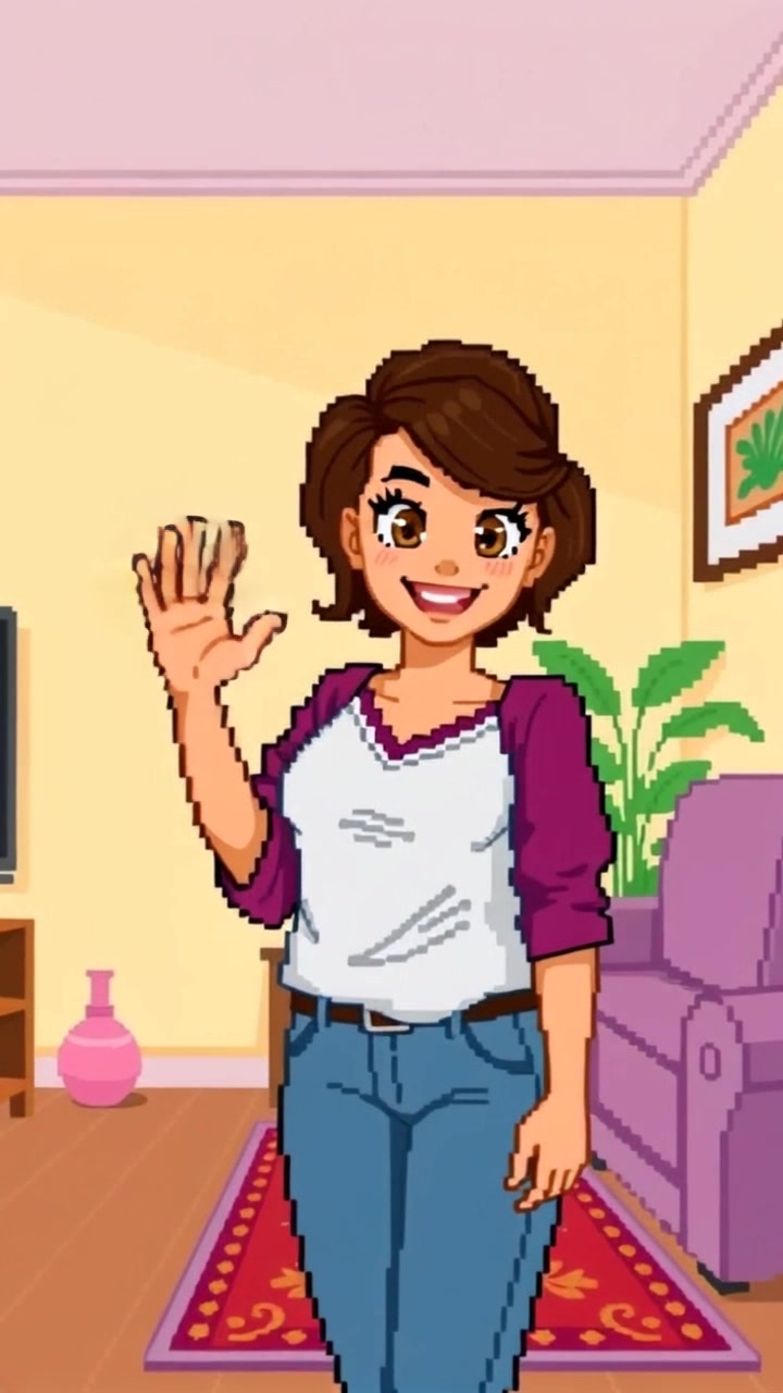 Subject: A person standing in a casual living room, smiling and waving at the camera. Subject movement: The individual gives a cheerful wave while stepping slightly to the side, creating a lively interaction with the audience. Scene: Cozy living room with comfortable furniture and warm decor. Style: Soft, ambient lighting that enhances the inviting atmosphere. Motion: The camera pushes in gently to create an intimate connection as the person engages with the viewer.