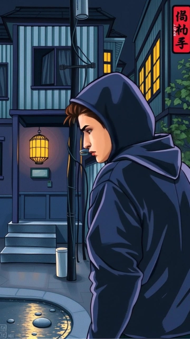 A slim thief in a dark hoodie stealthily creeps towards a house in a dark street scene at night. Slowly push in towards the thief as they move closer to the house, capturing the tense atmosphere with dim lighting casting shadows all around.