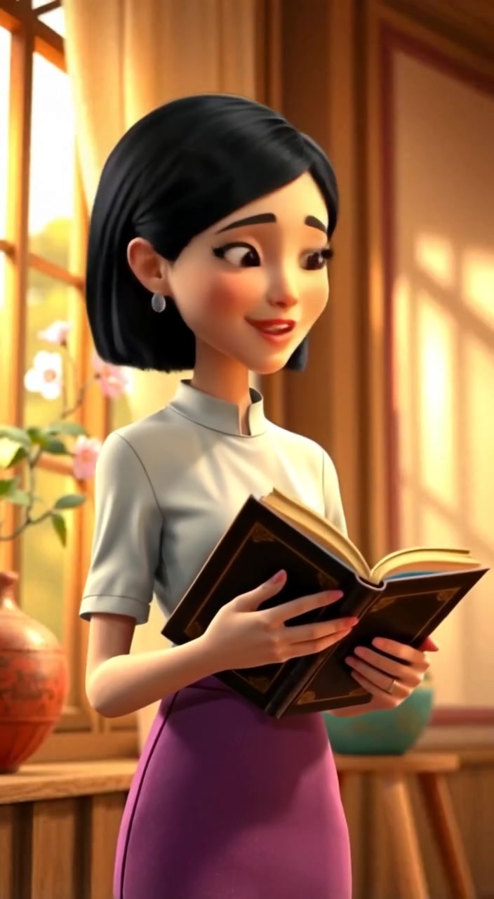 The woman gently flips through the vintage book, sunlight streaming in from the window filled with blooming flowers.