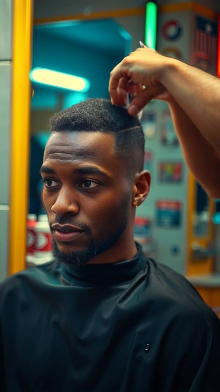 Subject: A person getting a haircut. Subject movement: The barber skillfully trims the person's hair with precise movements while Baim shifts slightly in the chair, adjusting for comfort. Scene: A bustling barbershop filled with an array of modern and vintage decor, mirrors reflecting the vibrant energy of the environment. Style: Bright, overhead lighting that casts a welcoming glow throughout the space. Motion: The camera performs a smooth push-in shot towards the barber and client, capturing the intimate moment of the haircut, with a slight pan to showcase the ambiance of the barbershop.