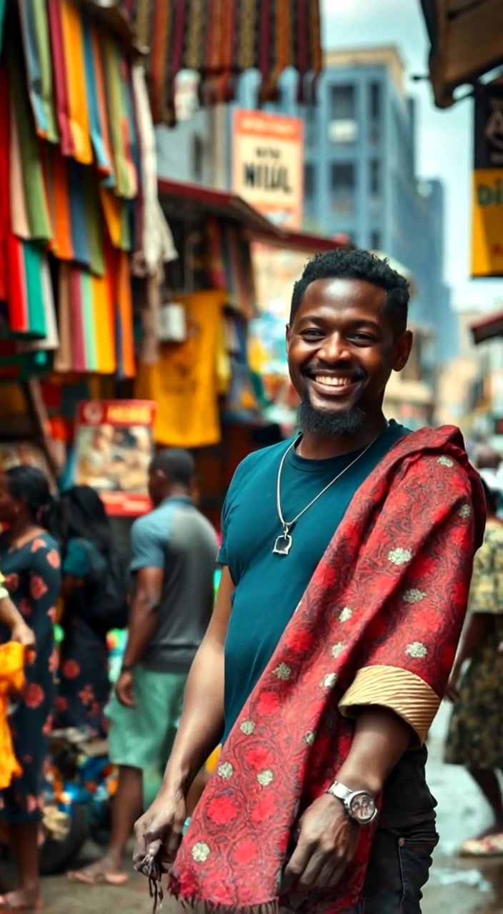 Ikenna at a vibrant market, displaying colorful fabrics on a stall surrounded by shoppers.