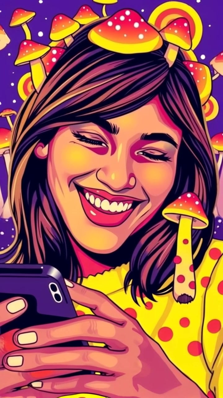 Subject (Close-up of Ladki smiling brightly) + Subject movement (Texting on her phone) + Scene (Undefined background) + Camera Language (Slow zoom out) + Lighting (Soft natural light) + Atmosphere (Cheerful)