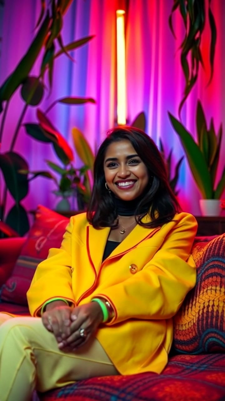 Subject: Mia laughing happily. Subject movement: She leans back slightly on the colorful couch, her joy radiating as she playfully gestures towards the camera. Scene: A cozy living room filled with vibrant plants and warm decor. Style: Soft, ambient lighting creates a welcoming atmosphere, accentuated by the pops of color from the plants. Motion: The camera gently zooms in on Mia's joyful expression, capturing the warmth of the moment and the cheerful surroundings.
