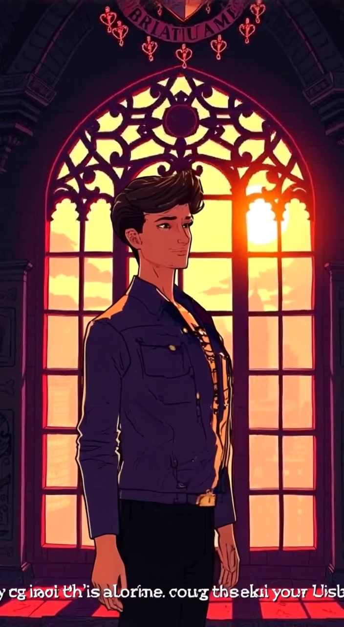 The man gazes thoughtfully out the large window, sunlight illuminating his face while the cityscape glimmers beyond.
