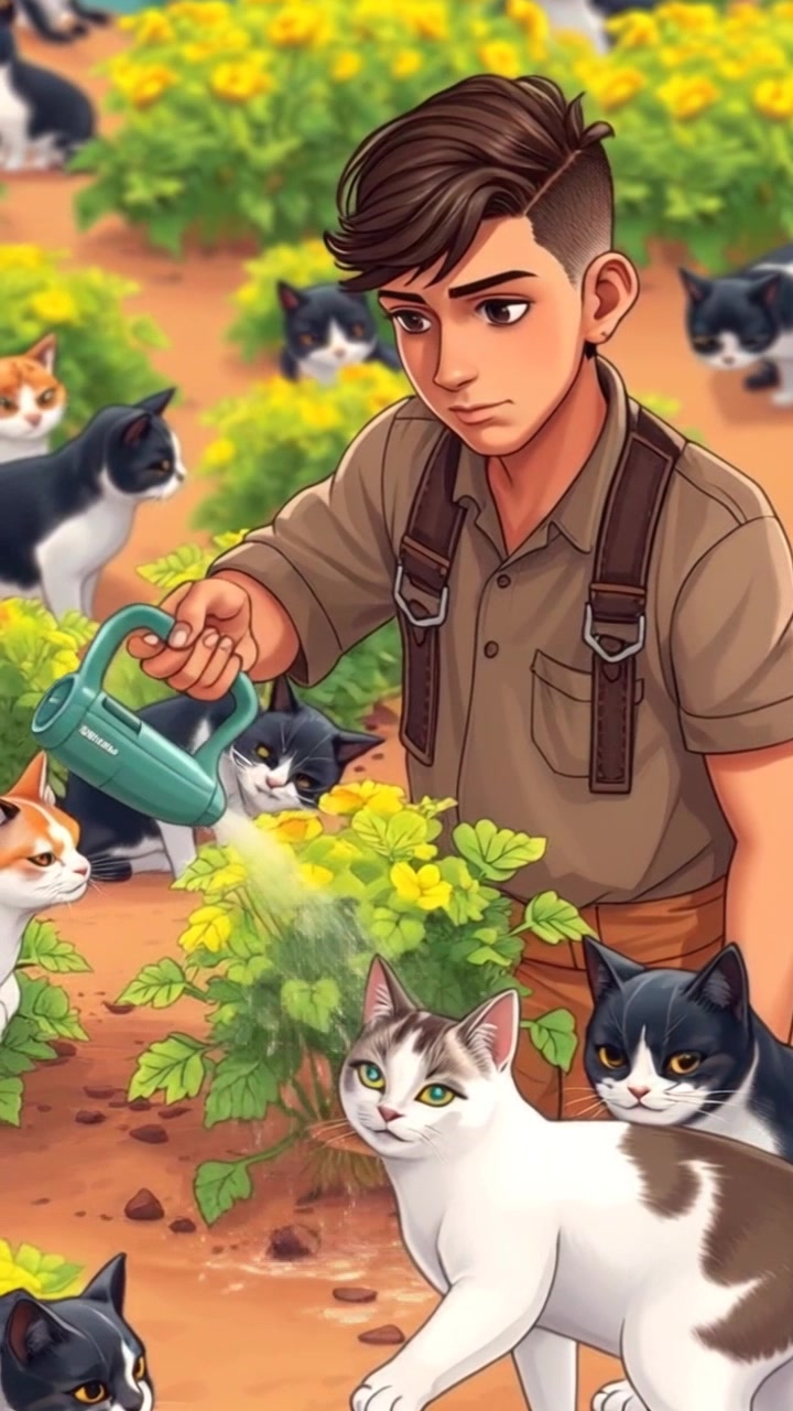 Subject: Amir, in farm clothes, watering a small plot of vibrant green crops. Subject movement: Amir gently moves the watering can back and forth, ensuring each plant receives water. Scene: A rustic farm setting during the day, surrounded by lush greenery and the faint outline of distant hills. Style: Bright, natural morning light illuminating the scene, creating a fresh and inviting atmosphere. Motion: Camera slowly pushes in from a wide shot, capturing Amir's focused expression as the water glistens on the crops, gradually closing in on the nourishing action.