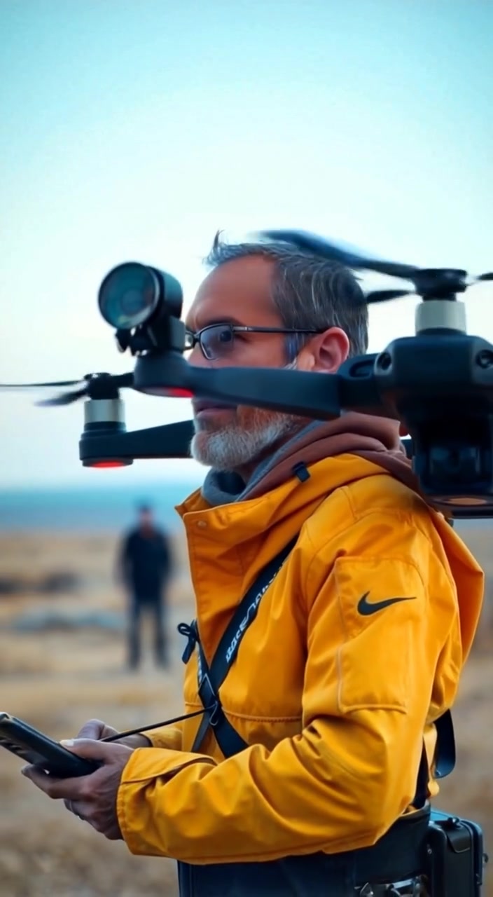 The drone ascends gently into the blue sky, capturing the vast open field below.