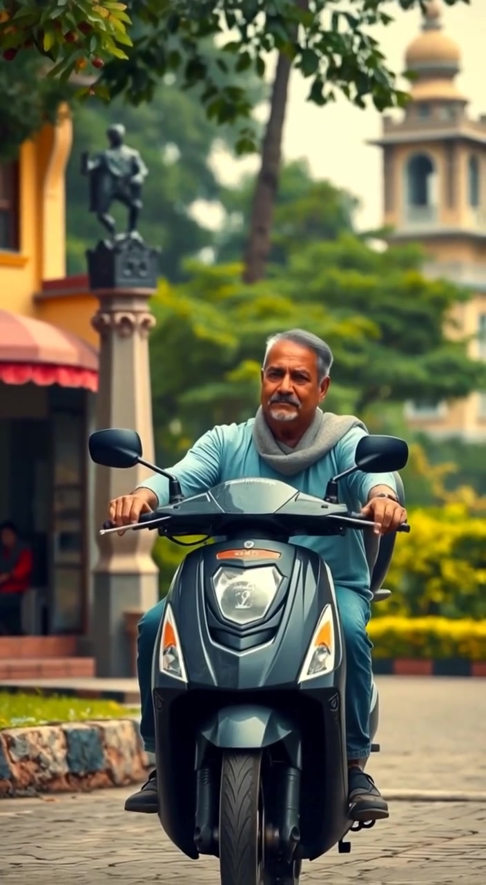 A man rides a black scooty, gliding gently toward the school entrance surrounded by trees and buildings.