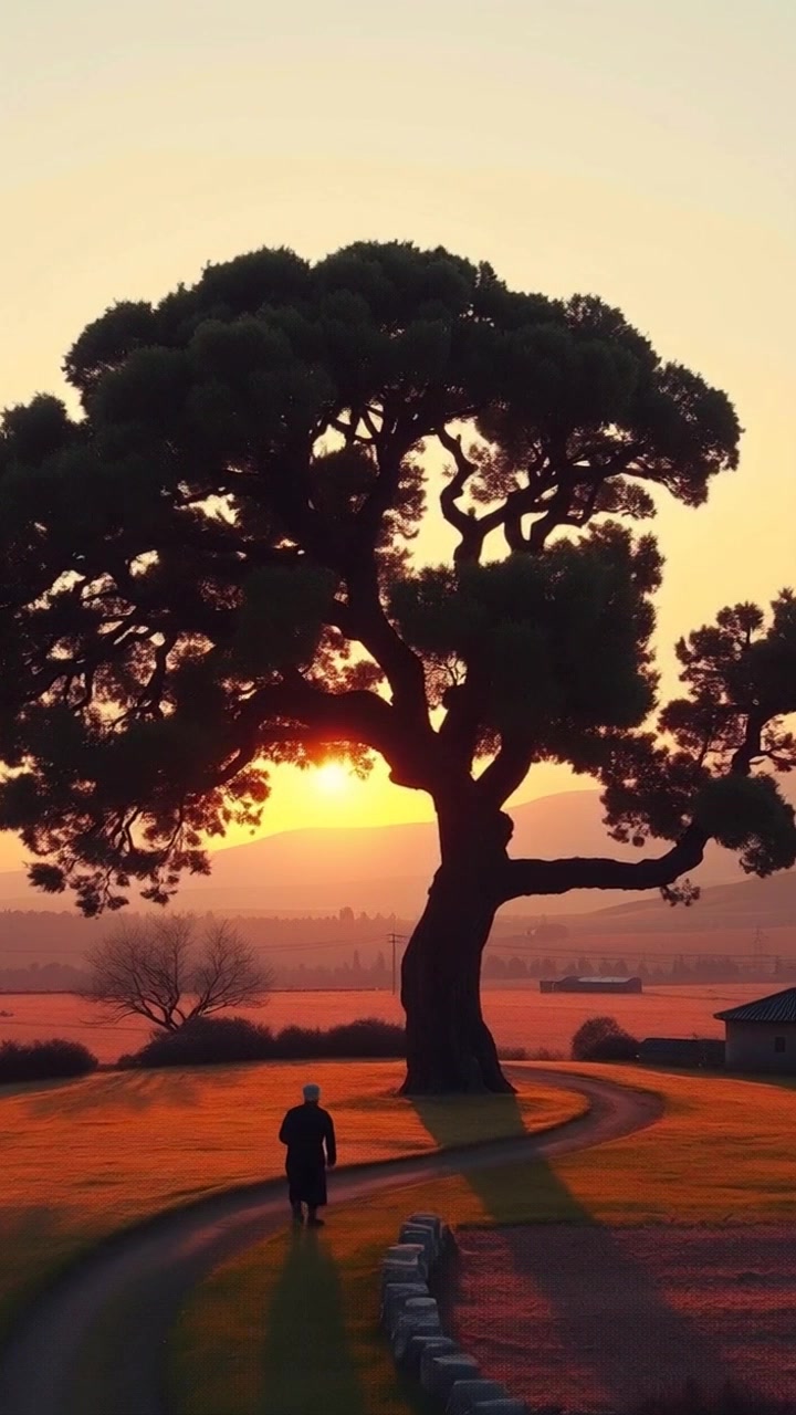 Scene: A vast landscape at dawn, featuring an ancient oak tree in the foreground with its shadow stretching across a quiet village. Style: Soft, delicate morning light illuminating the scene, casting long shadows and enhancing the tranquil atmosphere. Motion: Camera slowly pushes in on the ancient oak, capturing the shimmering dew on its leaves while revealing the peaceful village nestled below.