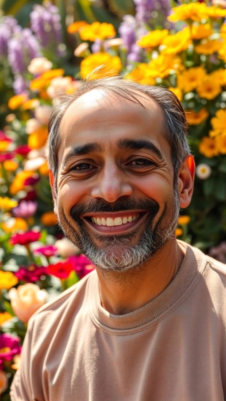 Subject: A Narrator smiling warmly. Scene: A sunlit garden brimming with colorful flowers, casting vibrant hues that dance in the gentle breeze. Motion: Camera performs a slow push-in toward the Narrator's beaming face, capturing the spark of joy in their eyes, as the sunlight filters through the blooming petals, creating a warm and inviting atmosphere.