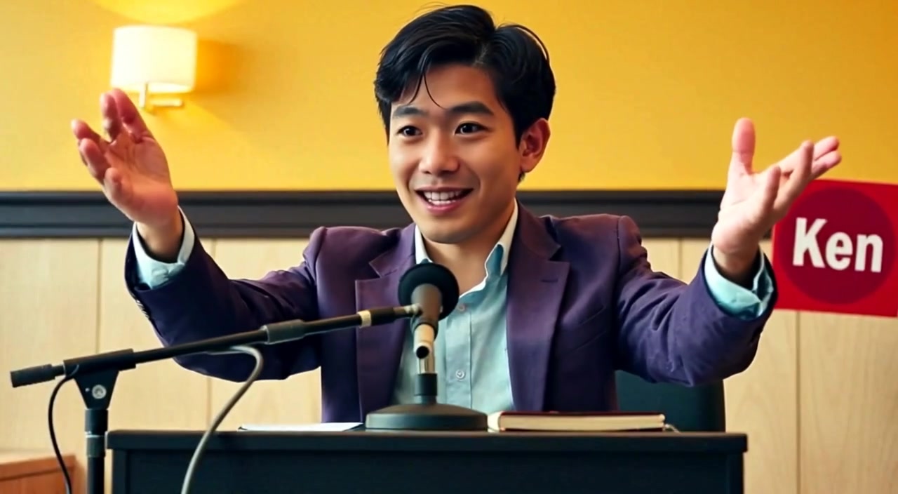 The man gestures invitingly while speaking into a microphone, radiating warmth and enthusiasm in the cozy room.