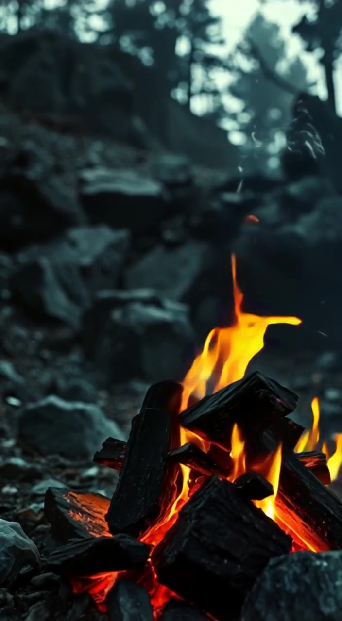 Embers gently flicker in the dim light as smoke slowly rises from the dull campfire.