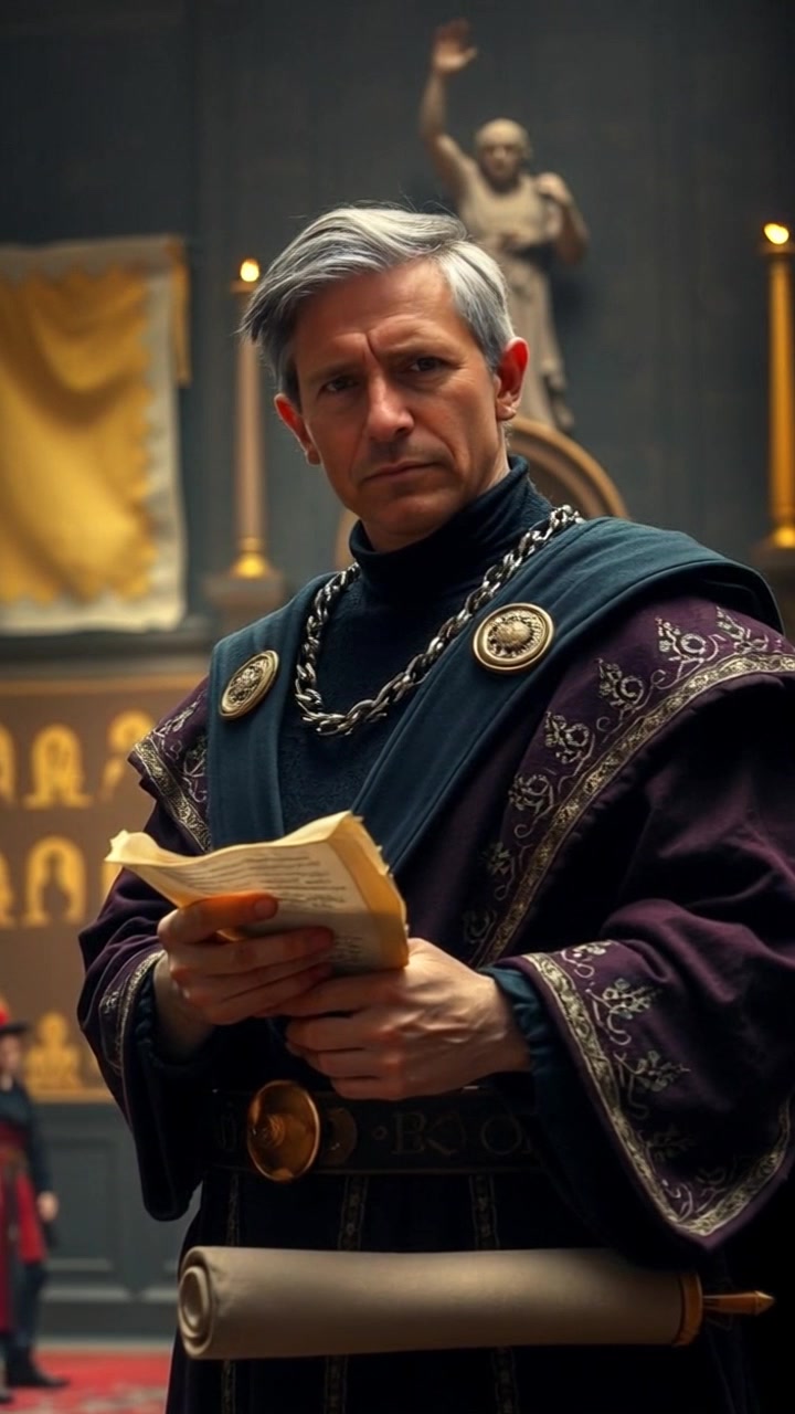 Subject: The King, regal and imposing in appearance, adorned in royal attire with a stern expression and holding a scroll. Subject Movement: Stationary. Scene: A grand hall filled with villagers, looking anxious and subservient, surrounding the King in disapproval. Camera Language: Slow push towards the King, emphasizing his dominance and the tension in the room. Lighting: Warm, flickering torchlight casting dramatic shadows and highlights. Atmosphere: Tense, regal, authoritarian.