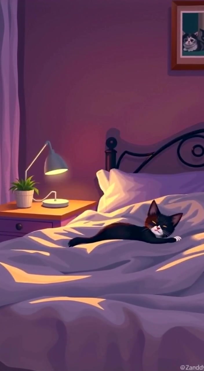 The lamp gently flickers, casting soft shadows on the sleeping figure nestled under the blankets in the calm bedroom.