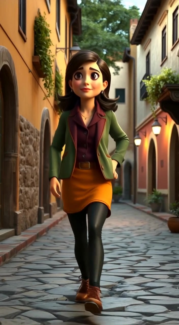 The woman strolls confidently along a cobblestone street, with sunlight filtering through the surrounding greenery and historic buildings.