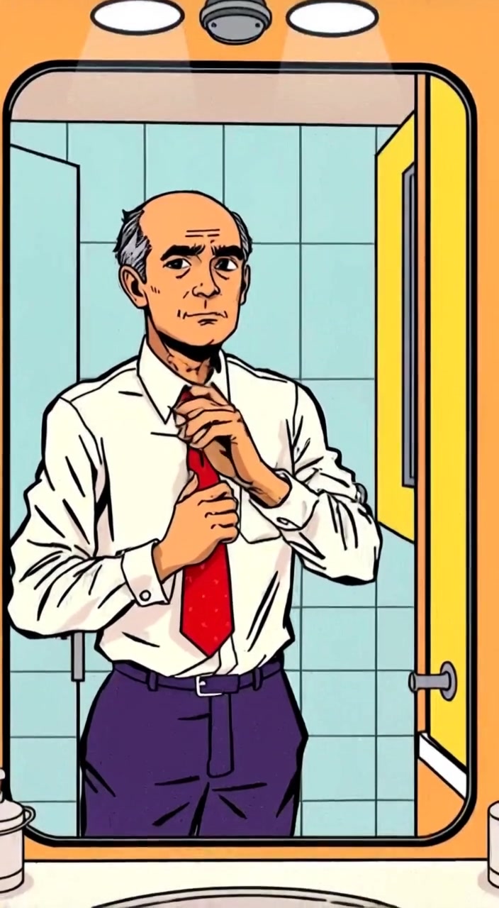 The man gently adjusts his tie while gazing into the mirror in a sleek, modern bathroom.