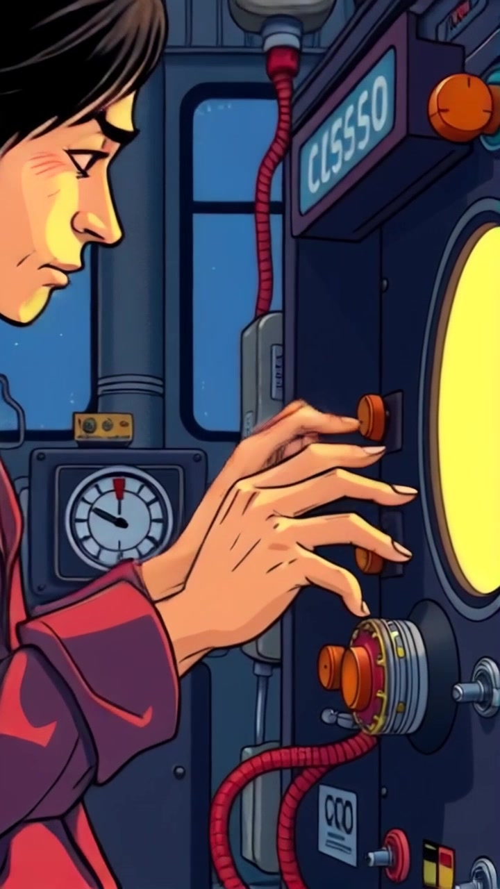 Subject: An operator adjusting settings on a large production machine. Subject movement: The operator leans forward, turning knobs and flipping switches with precision. Scene: Inside a bustling industrial facility, machines hum rhythmically in the background. Style: Bright, overhead lighting accentuates the metallic surfaces and intricate details of the machine. Motion: Camera pushes in smoothly on the operator's focused face, then switches to a close-up of their hands skillfully manipulating the machinery, conveying a sense of determination and expertise.