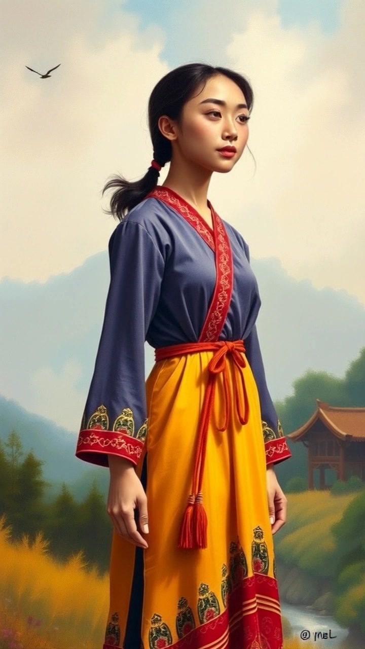 Subject: Dayang-Dayang standing tall, wearing a colorful handmade traditional dress. Subject movement: She gently sways as a soft breeze rustles through her dress. Scene: In front of her ancestral land, with lush greenery and distant mountains in the background. Style: Warm, golden-hour lighting creating a soft glow on her features and the landscape. Motion: The camera slowly pushes in from a medium distance, capturing the intricate details of her attire and the scenic backdrop, while the gentle movement of the grass enhances the serene atmosphere.