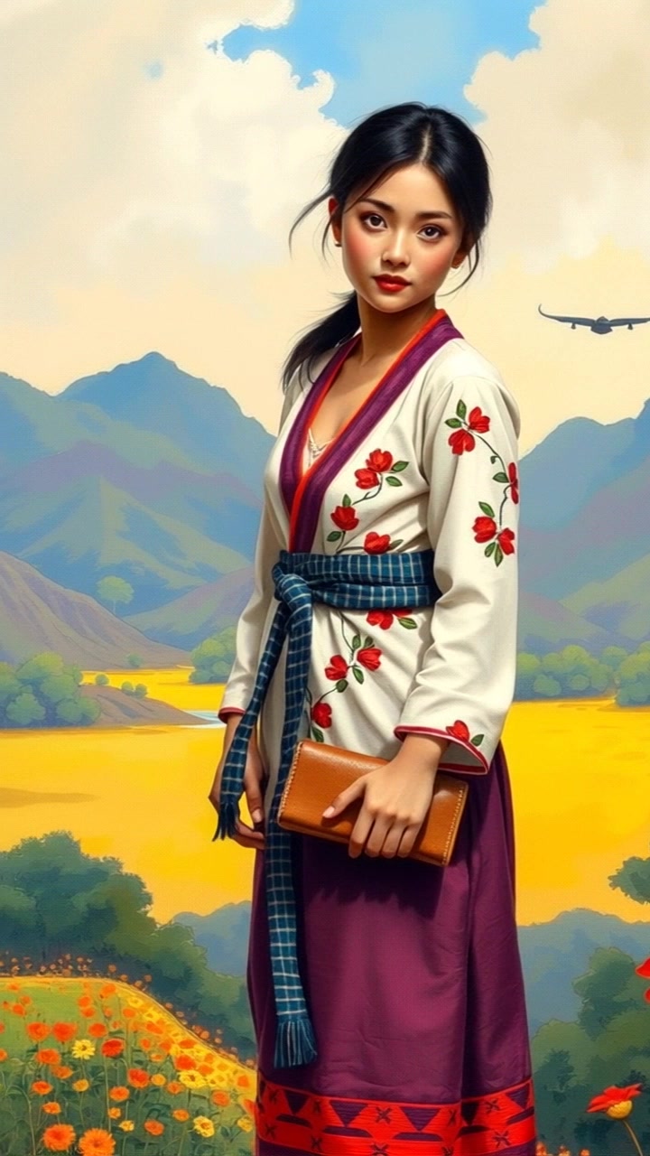 Subject: Dayang-Dayang standing proudly in front of her ancestral land, wearing a handmade traditional dress. Subject movement: She stands confidently, shifting her weight slightly as the wind sways her fabric. Scene: Lush, green landscape representing her ancestral land, with distant mountains under a clear blue sky. Style: Bright daylight illuminating the scenery, casting soft shadows. Motion: The camera slowly pans to the left, capturing the stunning expanse of the land while keeping Dayang-Dayang in frame, emphasizing her connection to the environment.