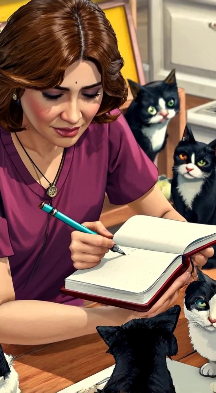 The woman gently writes in her notebook, sunlight streaming through the window, illuminating scattered kitchen items.