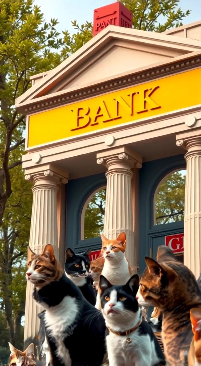 Gentle sunlight filters through trees as leaves sway around a close-up of the bank building with a visible sign.