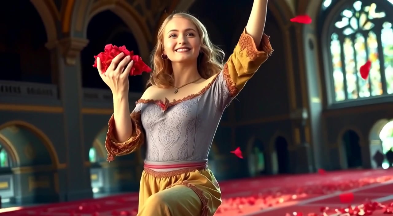 The woman gently tosses rose petals into the air, her smile radiant as they float around her.