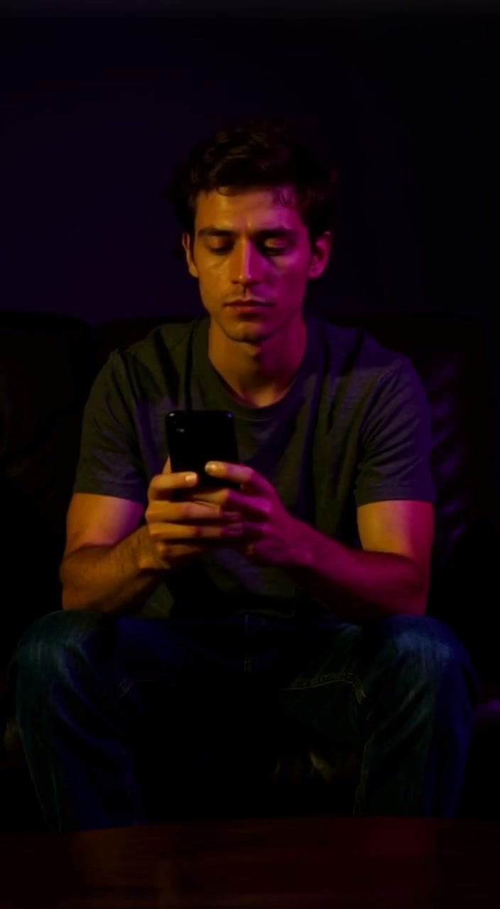 The young man scrolls through his phone, the soft glow illuminating his face in the dimly lit living room.