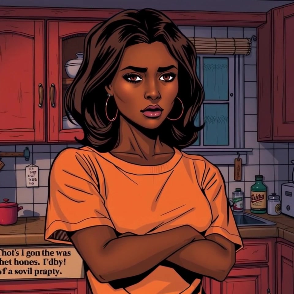 Subject: A woman standing in a kitchen, looking defeated with her arms crossed. Scene: The kitchen is filled with soft ambient light, emphasizing a warm yet melancholic atmosphere as she reflects on her aspirations. Motion: Camera slowly pushes in towards her, capturing the subtle details of her expression while maintaining a lingering view of the kitchen environment.