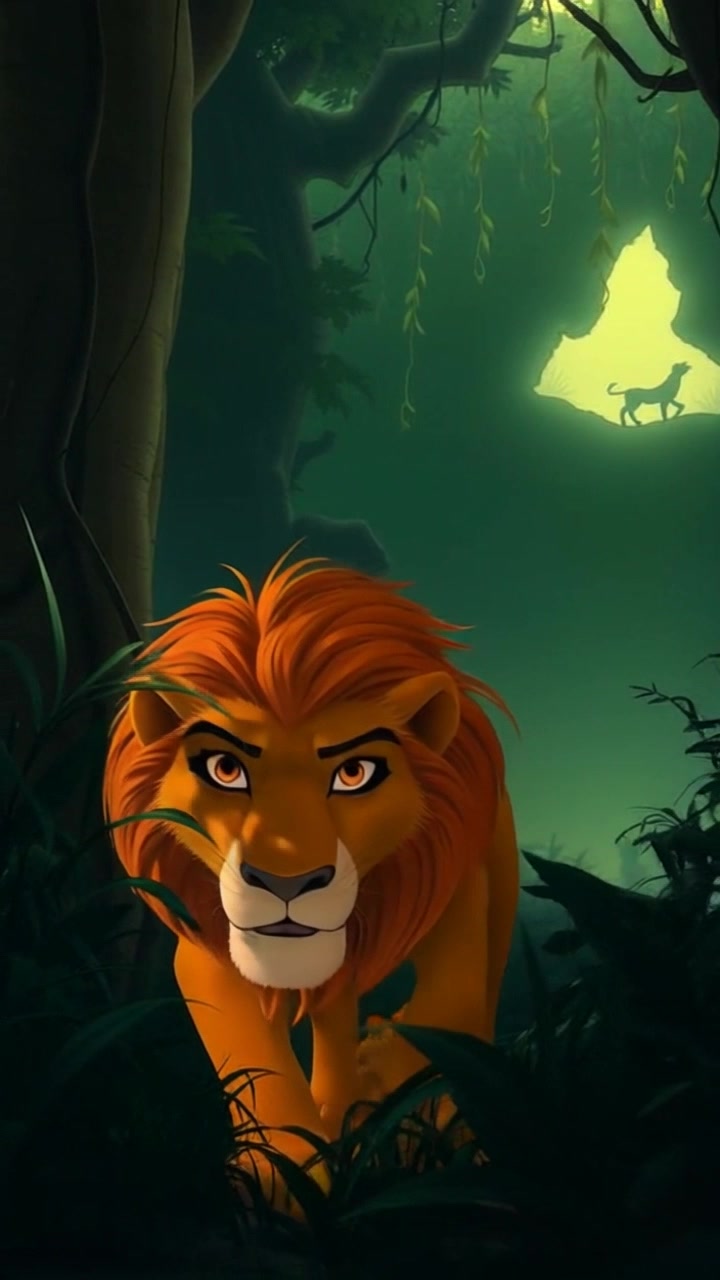 Lion stalking silently through the underbrush, with intent focus, preparing to hunt.