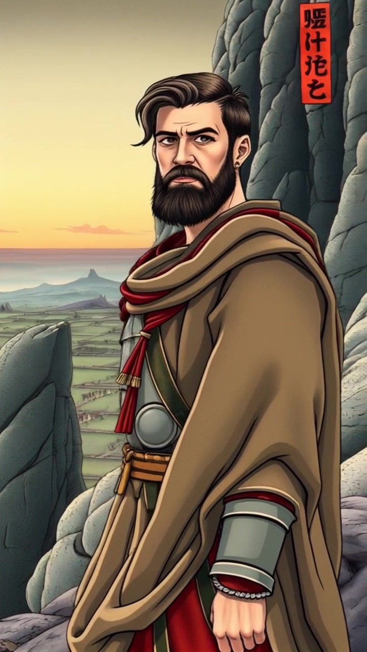 Subject: King Leonidas, Build: Muscular, Hairstyle and color: Short dark hair, Clothing and accessories: Spartan armor with a crimson cape billowing in the wind, Facial features: Stern expression, Body posture: Stands tall and proud. Scene: Ancient battlefield with rocky cliffs and a dramatic sunset in the background. Camera movement: Slowly circle around King Leonidas, capturing the majestic view behind him. Lighting: Warm, sunset glow casting long shadows and highlighting the textures. Atmosphere: Epic and commanding, with a sense of impending battle.