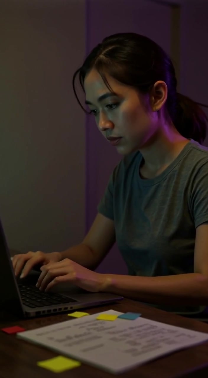 The woman types gently on a laptop, surrounded by scattered sketches and colorful sticky notes on a cluttered desk.