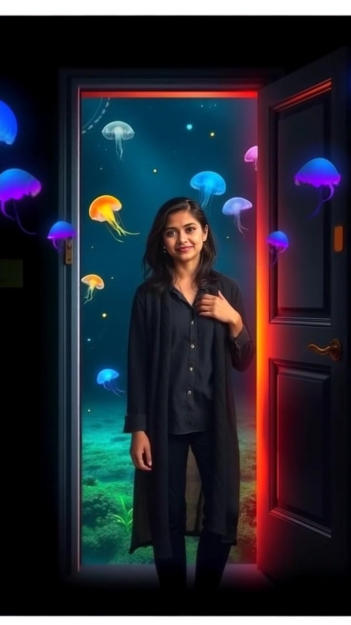 Subject: A poised figure standing beside a wide-open door. Scene: A metaphorical representation of opportunity, with soft natural light streaming in through the doorway, illuminating the surroundings. Motion: The camera gently pushes in towards the figure as they take a small step forward, embodying a sense of welcoming and readiness to embrace new possibilities.
