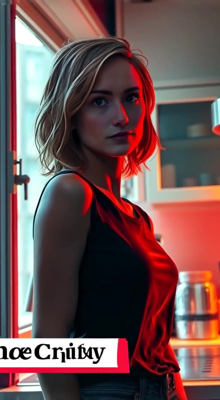The woman gazes thoughtfully out the window as sunlight fills the bright kitchen.