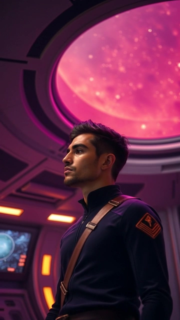 Subject: A young man lost in thought. Subject movement: He stands still, gazing intently at the stars with a frown etched on his face. Scene: A dimly lit area of a space station, with the glow of distant stars casting soft light on the surroundings. Style: Moody lighting enhancing the contemplative atmosphere, shadows blending into the background. Motion: Camera smoothly pushes in closer to capture the man's expression, then gently pulls back to reveal the vastness of space outside the station's window.