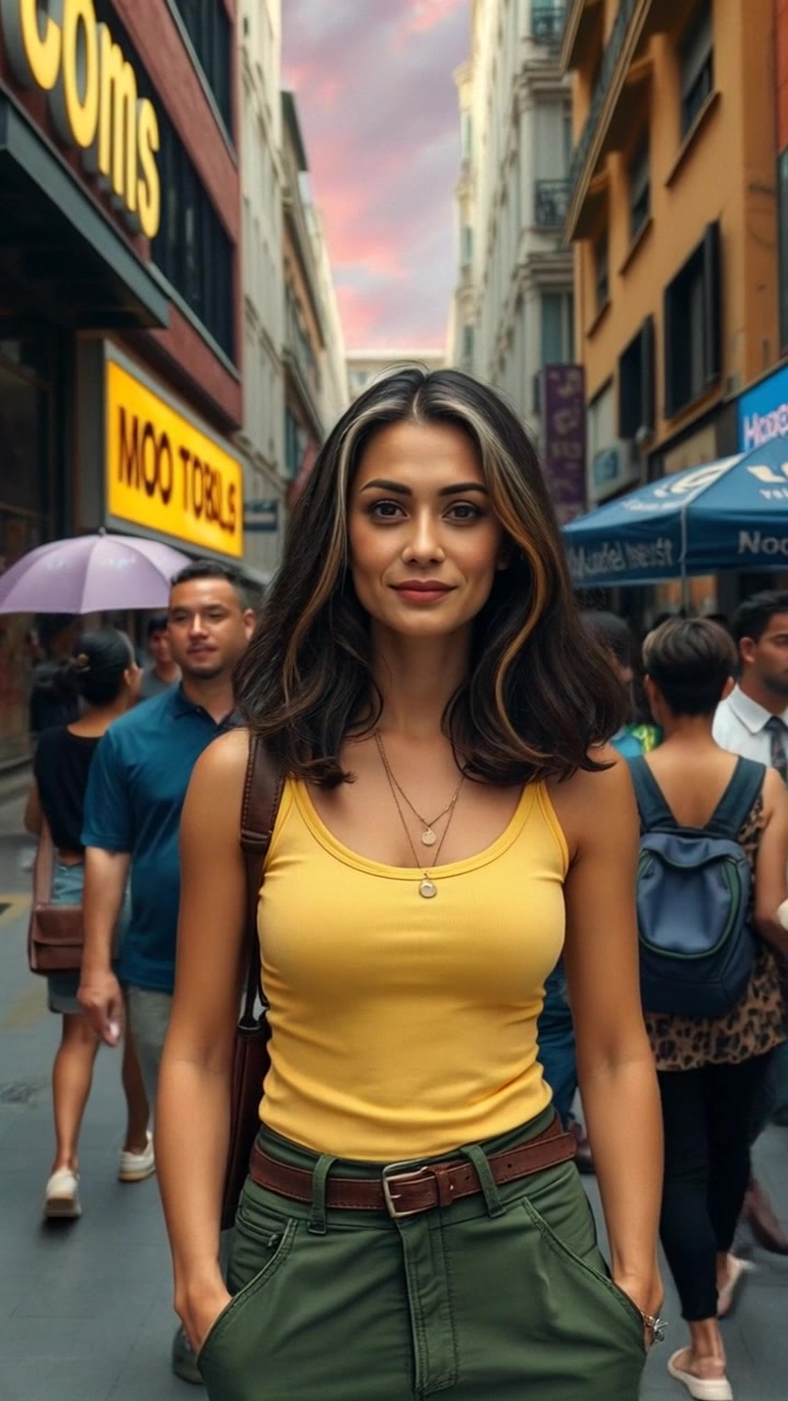 A woman in casual attire stands on a busy city street as people walk past her. The camera performs a slow push in on her, capturing the hustle and bustle of the street behind her. Dynamic handheld camera tracking shot with ambient lighting creating a vibrant atmosphere.