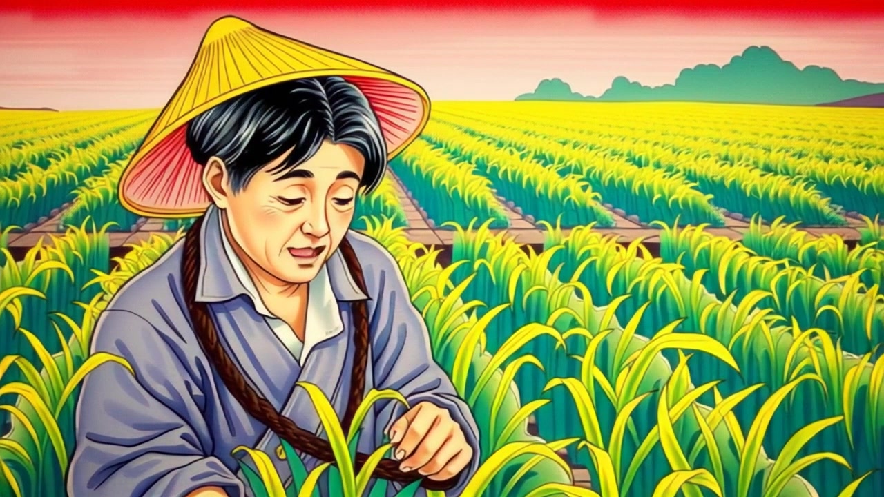 Subject: Pak Tono, wearing a straw hat, cultivating his farm surrounded by lush green crops. Subject Movement: Still. Scene: Vibrant rural farm setting with fields of green crops and clear blue skies. Camera Language: Slow pan across the picturesque farm, highlighting the idyllic scenery and Pak Tono's serene presence. Lighting: Soft, warm natural sunlight casting gentle shadows. Atmosphere: Peaceful, serene, and harmonious.
