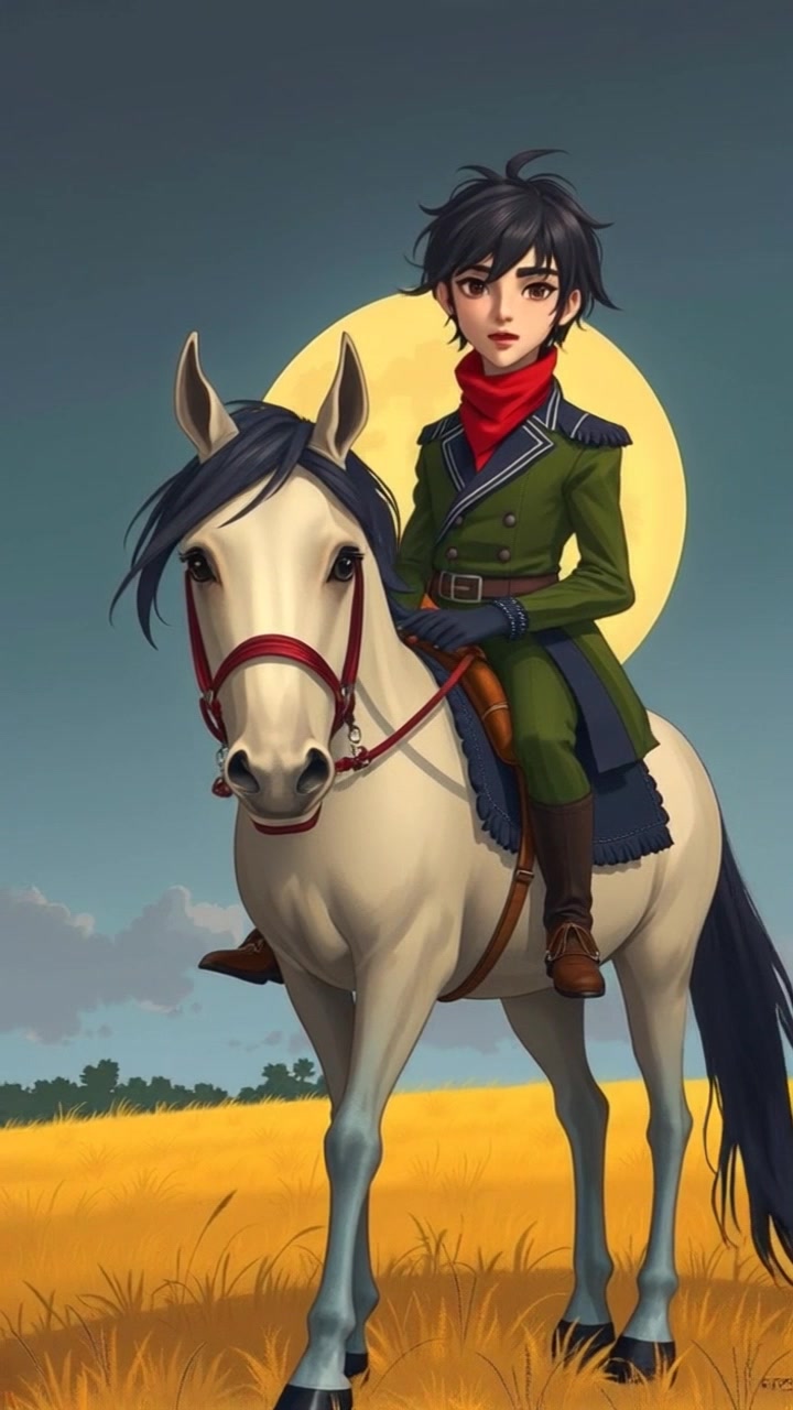 Subject (Build: Slim, Clothing: Riding gear, Facial features: Confidence) + Subject movement (Still) + Scene (Open field) + Camera Language (Slow dolly out) + Lighting (Golden hour) + Atmosphere (Serene)