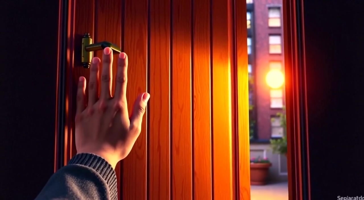 A hand gently knocks on a wooden door as evening light casts shadows around.