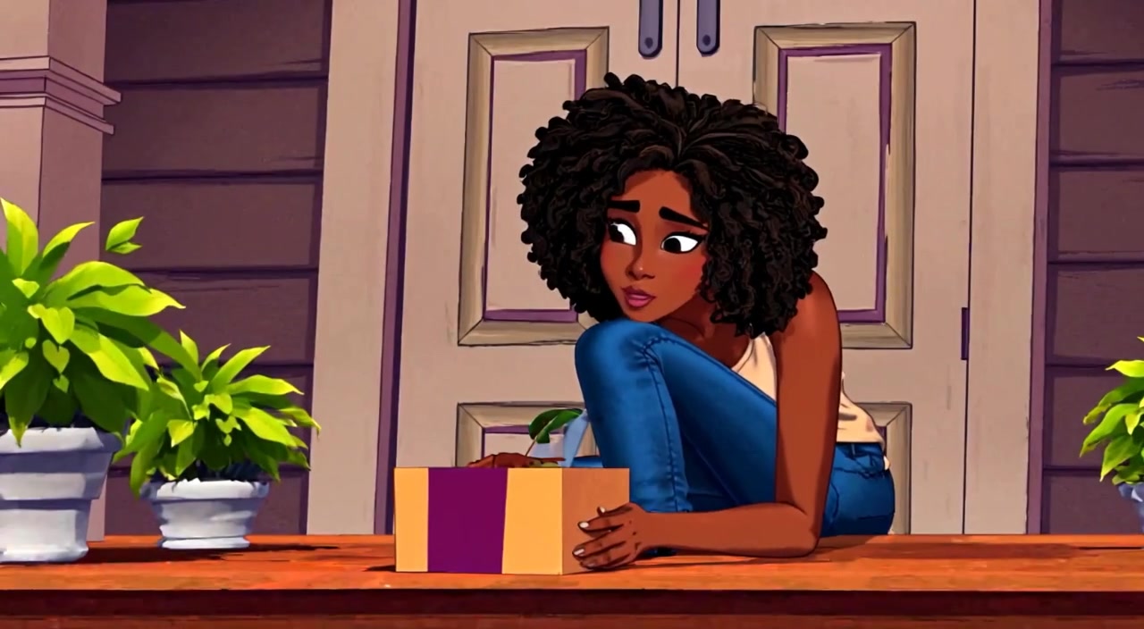 The woman leans closer to the box, her eyes wide with curiosity.