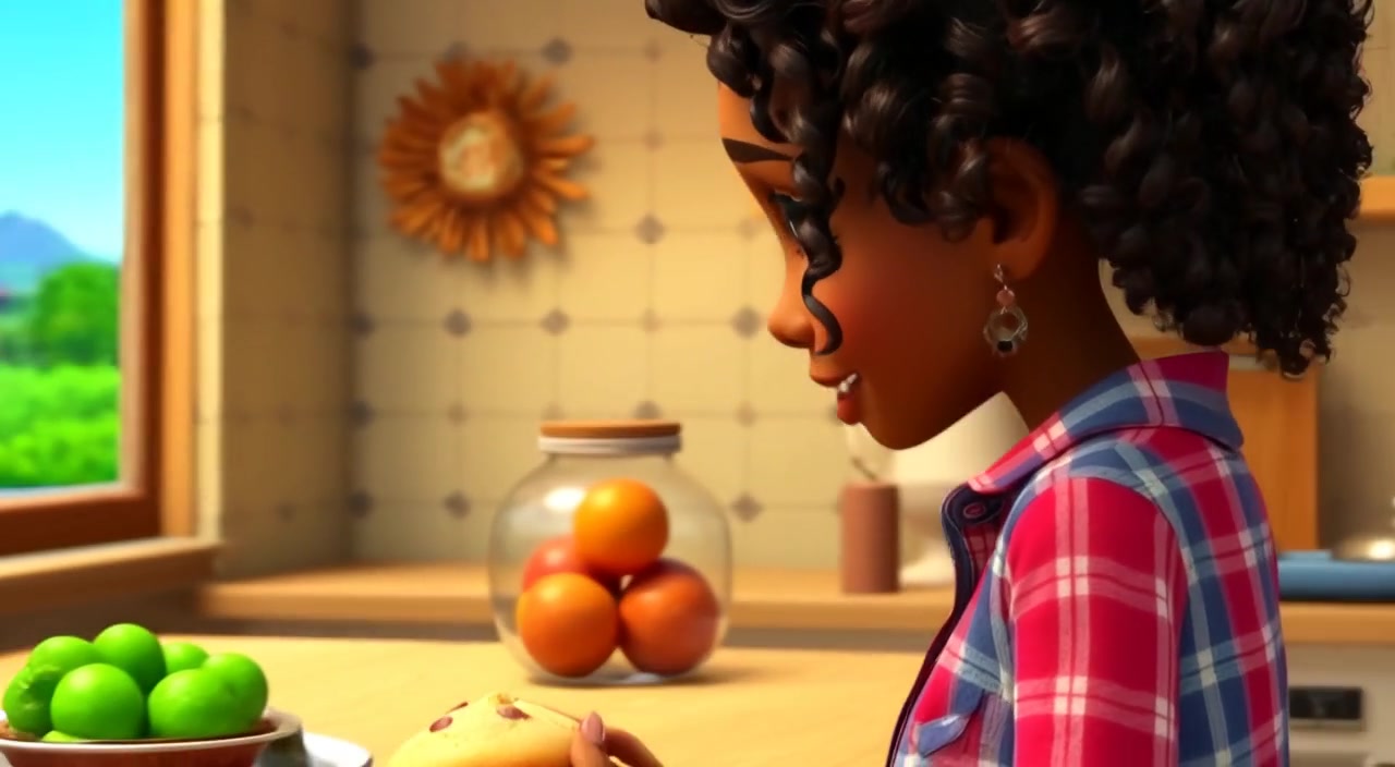 The woman gently takes a muffin from a table in a cozy kitchen, sunlight streaming through a nearby window.