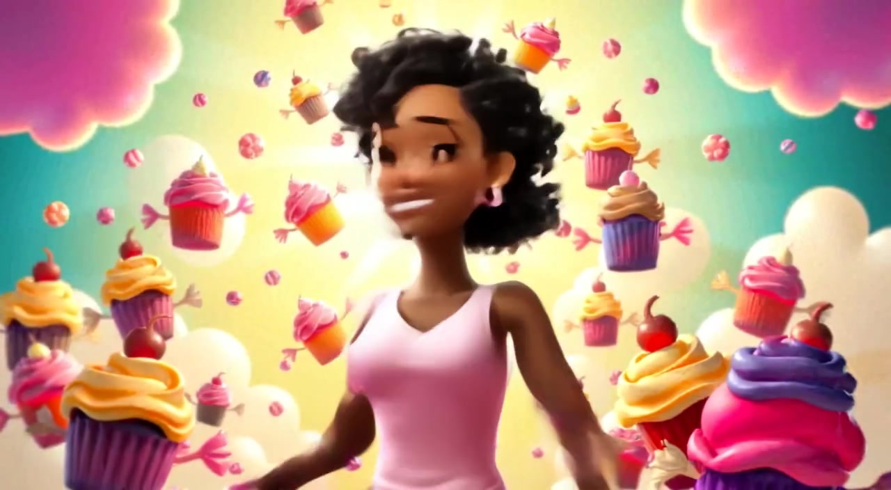 The woman joyfully spins as candy clouds float around her in a whimsical dreamland filled with colorful cupcakes.