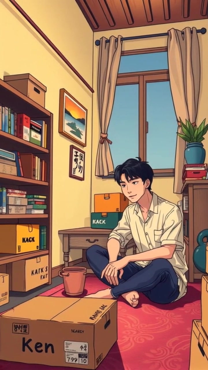 Subject: A person looking contemplatively around. Subject movement: The person shifts their gaze and subtly adjusts their position as they take in the surroundings. Scene: A small, modest living room cluttered with boxes, representing the early stages of settling in. Style: Soft ambient light filtering through a window, creating a warm and inviting atmosphere. Motion: The camera performs a slow push-in from a corner of the room, capturing the details of the boxes and the person as they explore their new space.