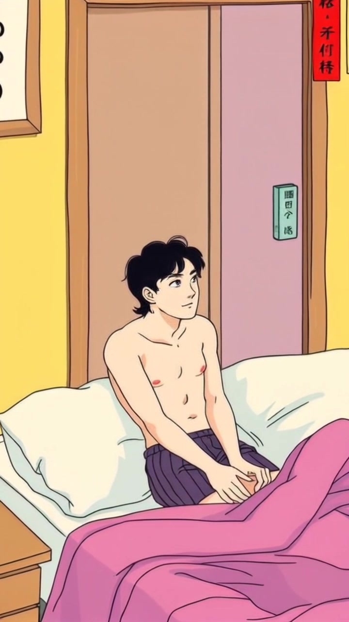 Subject: A person sitting on the edge of a bed, looking thoughtful. Subject movement: The person shifts slightly, turning their head to glance towards the door, reflecting a moment of contemplation. Scene: A softly lit bedroom with warm, inviting colors, minimal decorations, and a gentle ambiance. Motion: Camera slowly pushes in, focusing on the person's expression as they ponder, while maintaining a soft bokeh effect in the background.