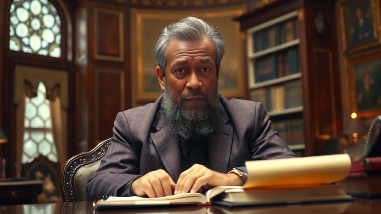 Salva Kiir sitting at a large desk in a lavish office, looking tired. Slow zoom in on his weary face as he stares off into the distance, capturing the weight of his exhaustion. Soft ambient lighting fills the room, enhancing the somber atmosphere.