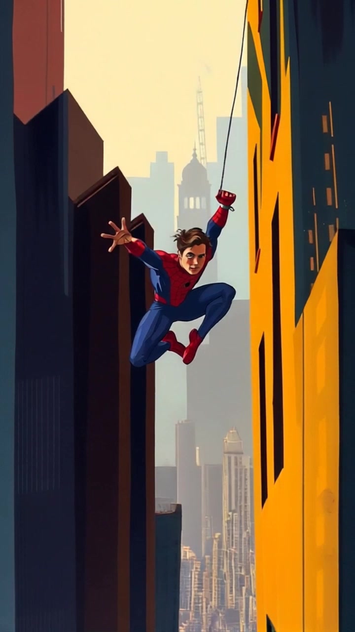 Subject: Spider-Man poised for action. Subject movement: He launches himself off a towering skyscraper, his body angled dynamically downward, ready to web-sling. Scene: A bustling cityscape with tall buildings and a vibrant skyline beneath him. Style: Bright, midday lighting showcasing the city's architectural details. Motion: The camera follows a dramatic downward trajectory, capturing the thrill of his leap, with a sweeping view of the city sprawling out below as he descends.