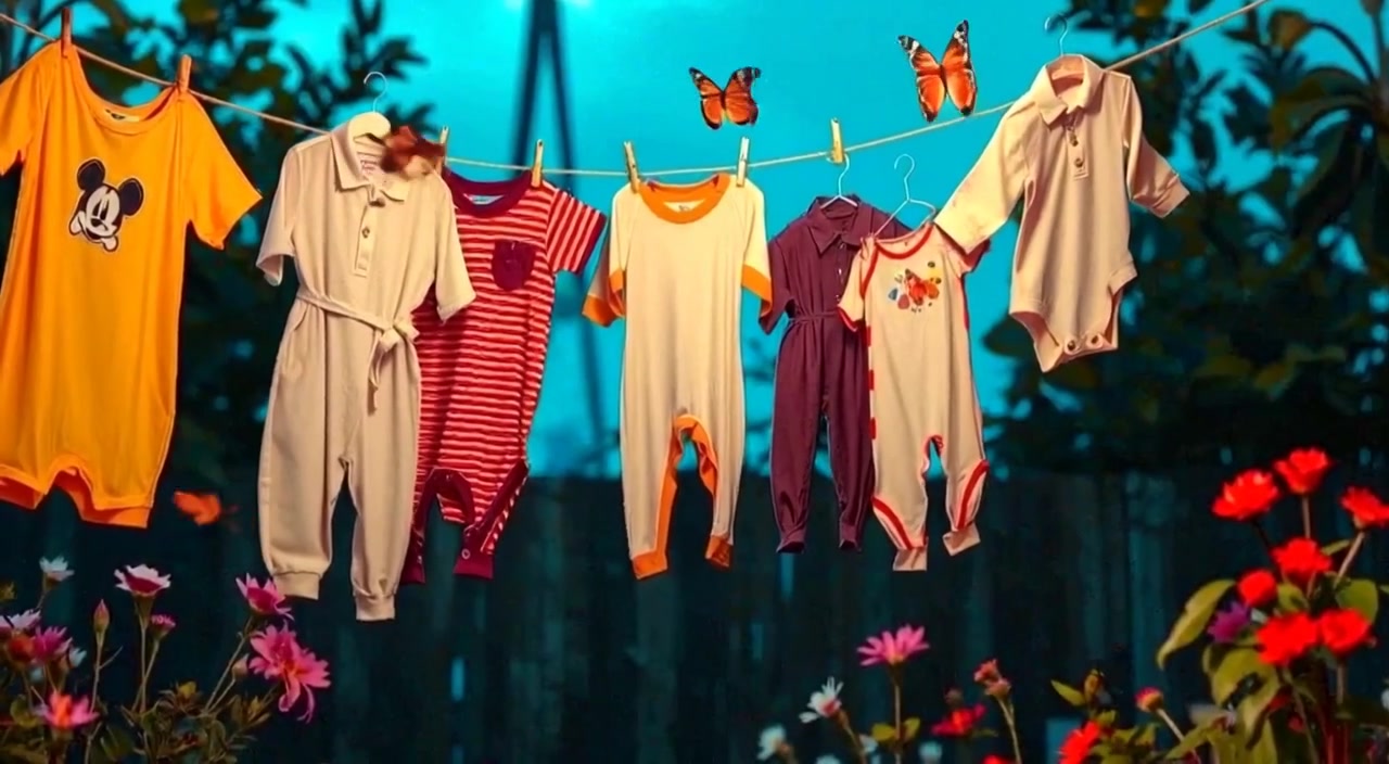 Butterflies gently flutter around colorful baby clothes hanging on the line in a vibrant garden filled with blooming flowers.