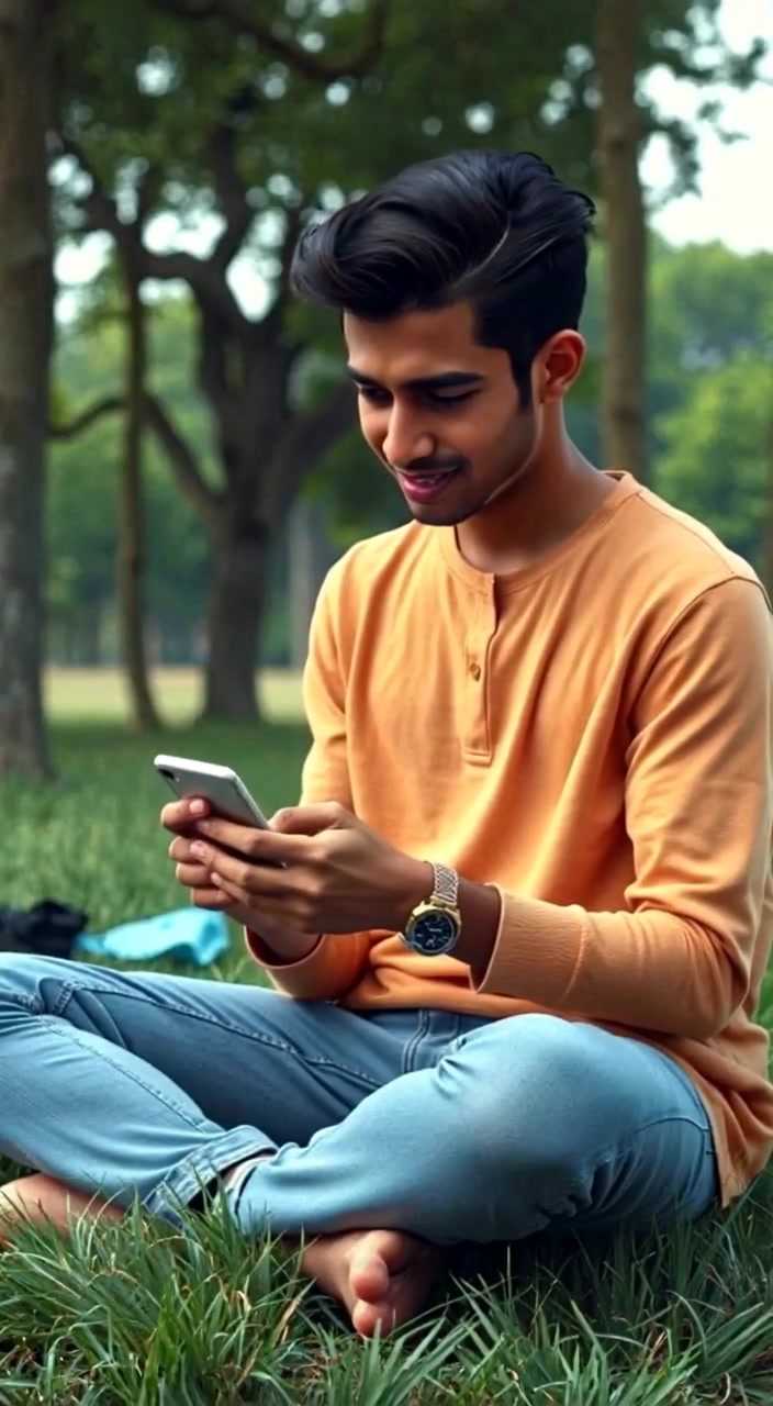 The boy sits cross-legged in a grassy field, focused on his mobile game, surrounded by gently swaying trees.