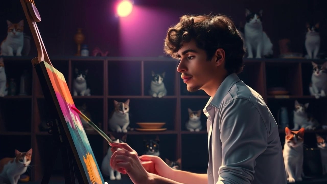 Scene: A dark room suddenly illuminated by a single beam of light, revealing an artist standing at an easel, brush poised to paint. Style: Dramatic low-key lighting accentuating the contrast between shadows and the illuminated area, creating a moody atmosphere. Motion: The camera slowly pushes in, capturing the artist's focused expression and subtle movements as they begin to apply paint to the canvas.