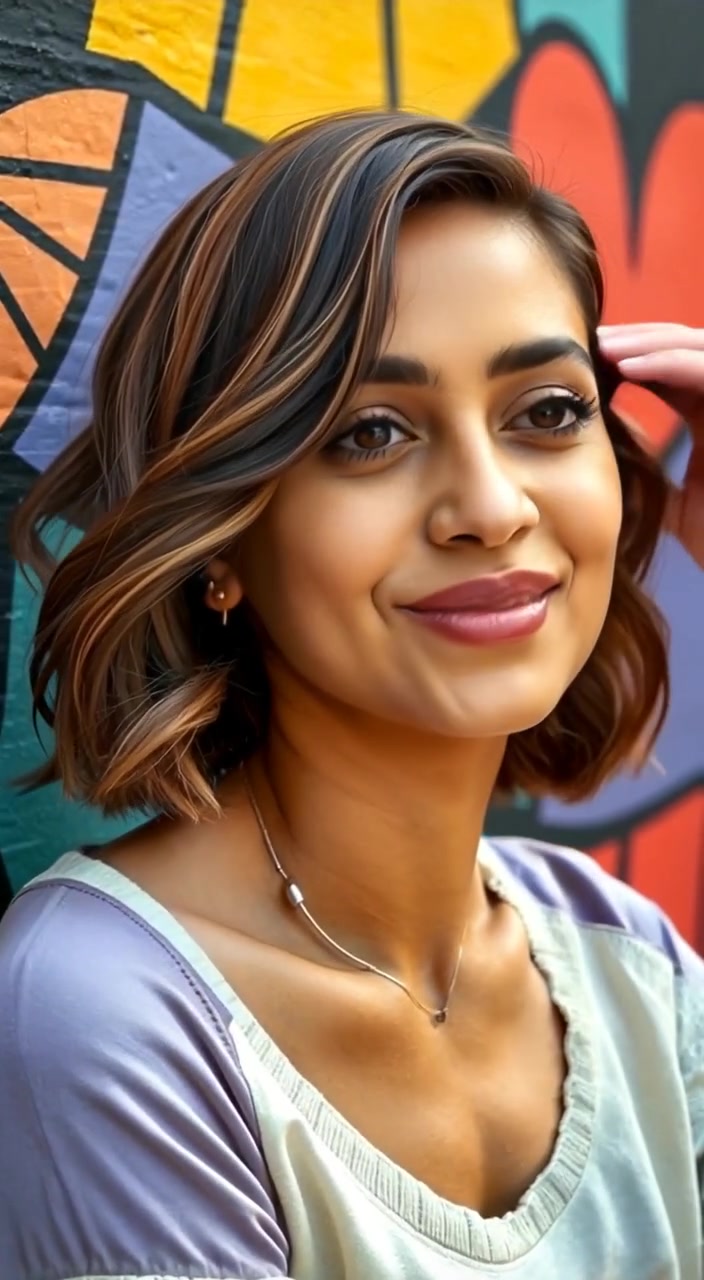 The woman gently brushes her hair back, smiling softly against the vibrant mural backdrop.